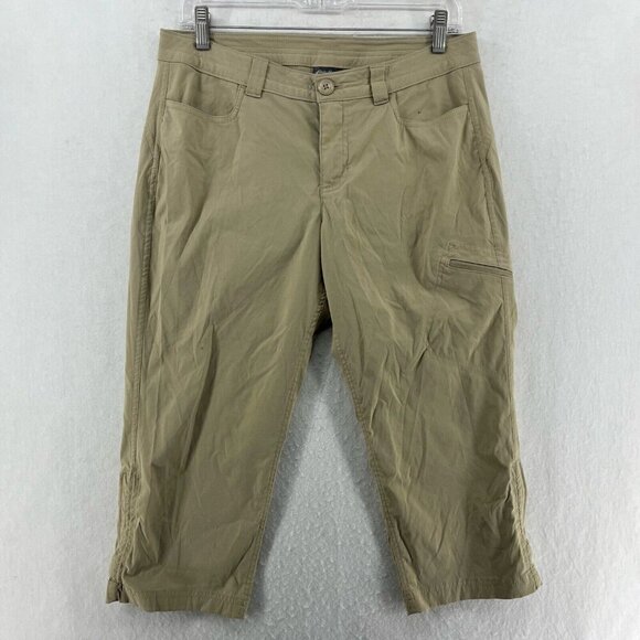 Eddie Bauer Cropped Pants Women's 8 Khaki Brown Midrise Zip Pocket Hiking Casual - Picture 1 of 13